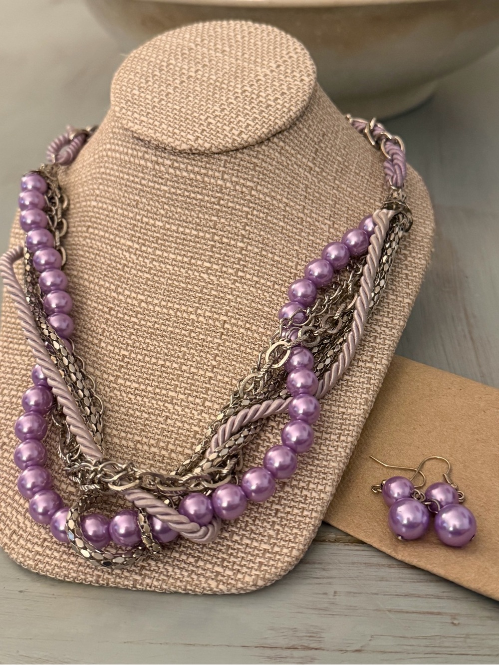 Multi-Strand Lavender Pearl and Chain Statement Necklace with Matching Earrings